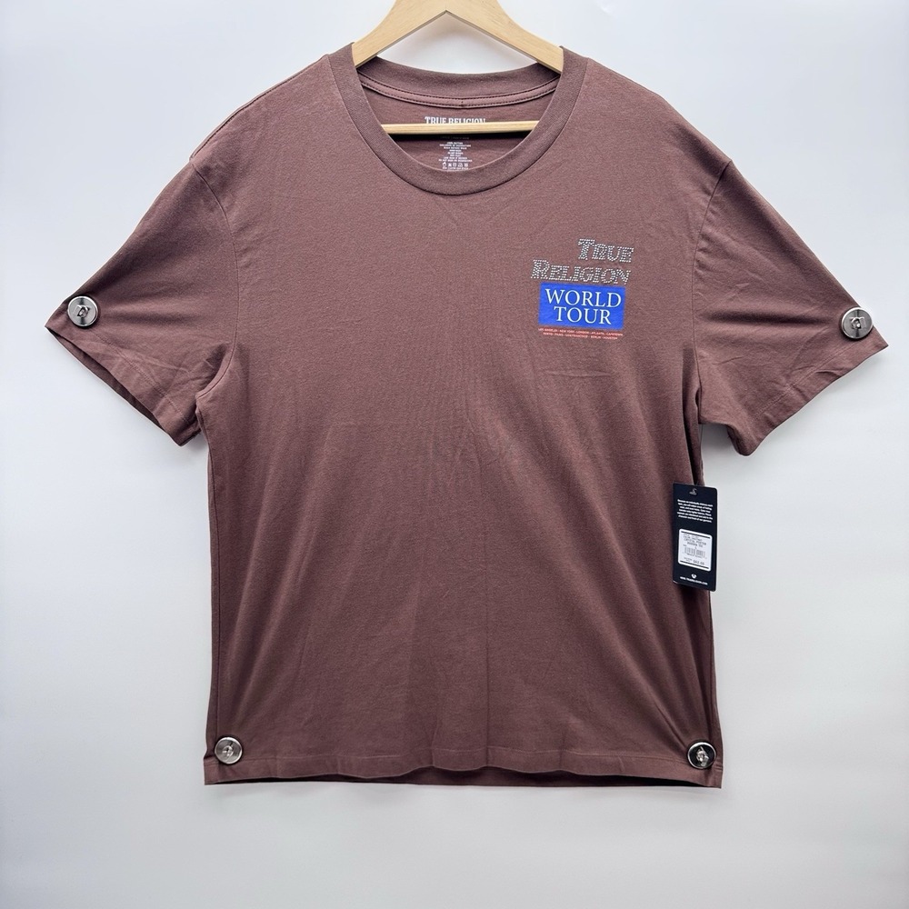 True Religion Crystal Poster Buddha Tee Men's L Brown Crew Neck Rhinestone